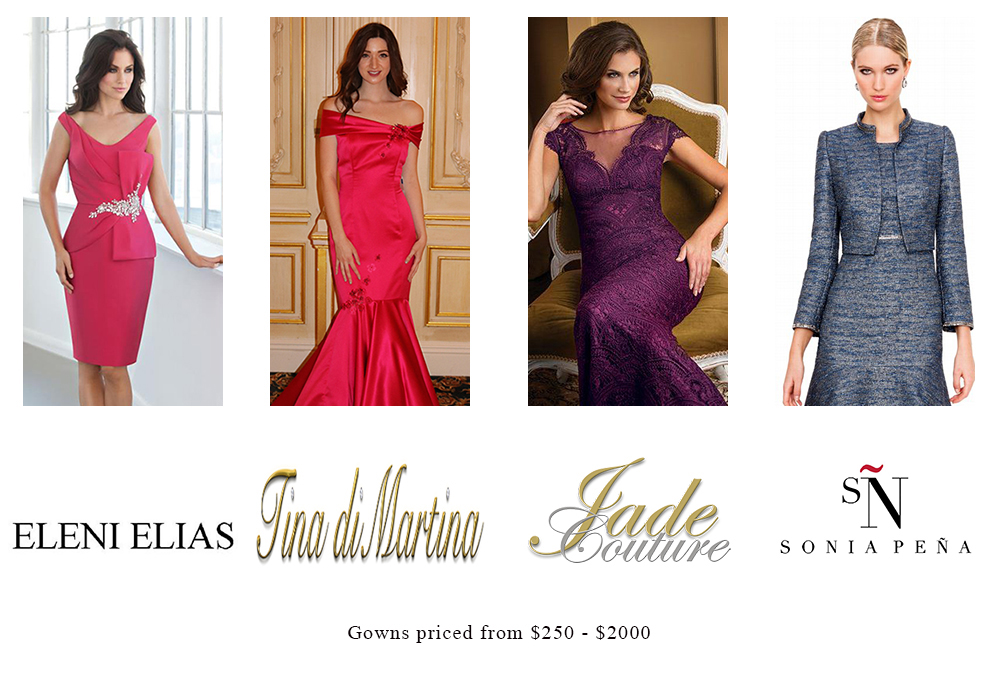 Mother of the Bride Discontinued Gowns Priced $200 - $2000 from these designers and more: Eleni Elias, Tina di Martina, Jade Couture, and Sonia Pena